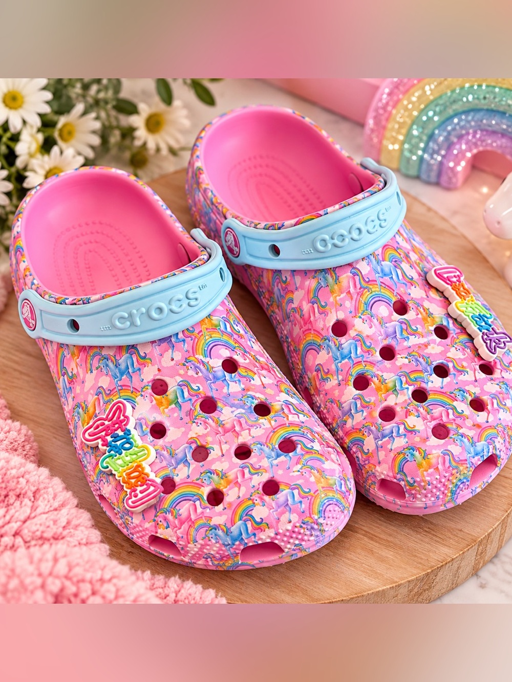 LISA FRANK CROCS- Women’s  Pink Patterned Clog with Light Blue Strap